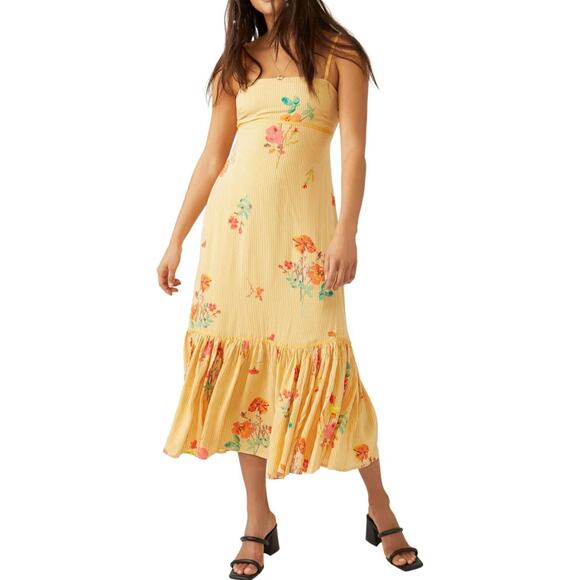 Free People Midi Sundress Strappy Sz XL Yellow Floral Rosie Posie Ruffle Lined - Picture 6 of 16